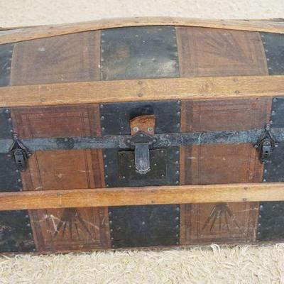 1104	ANTIQUE WOOD AND LEATHER DOME TOP TRUNK, APPROXIMATELY 30 IN X 17 IN X 20 IN H
