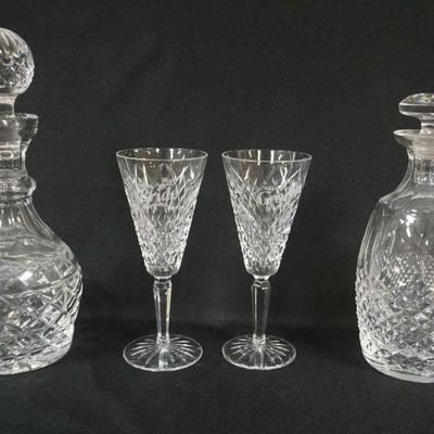 1060	WATERFORD CRYSTAL DECANTORS & 2 WINE GLASSES, TALLEST PIECE APPROXIMATELY 12 IN HIGH
