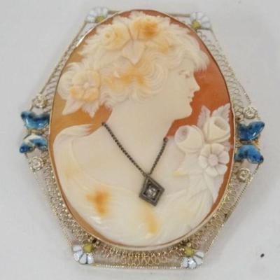 1226	14K CAMEO PIN WITH BUTTERFLIES AND SHELL DECORATIONS
