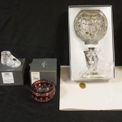 1061	WATERFORD CRYSTAL STAR OF HOPE, SHERWOOD, APPROXIMATELY 5 IN, FOOTED BOWL, BABY BOOT, CLARENDON RUBY 4 IN VOTIVE
