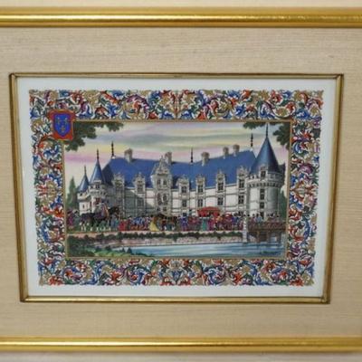 1080	GILT FRAMED PORCELAIN PLAQUE OF CASTLE BY FRENCH ARTIST JEAN GRADASSI, APPROXIMATELY 17  IN X 14 IN OVERALL

