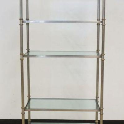 1121	METAL FRAME SHELF WITH INSET GLASS SHELVES, BRASS FEET AND ACORN TOP, APPROXIMATELY 31 IN W X 14 IN D X 83 IN H
