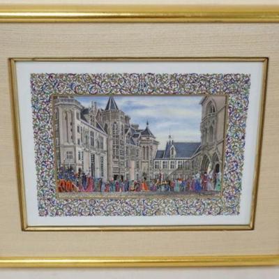 1081	GILT FRAMED PORCELAIN PLAQUE OF CASTLE BY FRENCH ARTIST JEAN GRADASSI, APPROXIMATELY 17  IN X 14 IN OVERALL

