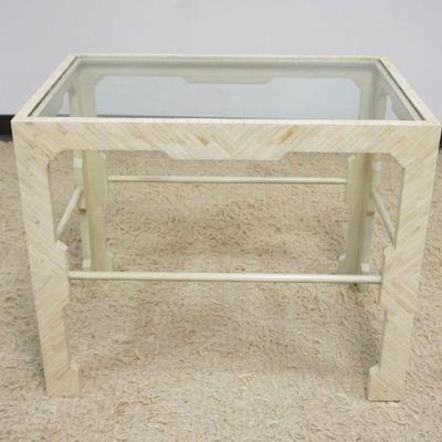 1134	GLASS TOP LAMP TABLE ON WOOD BASE WITH SHEATHED BONE STYLE EXTERIOR, SOME LOSS, APPROXIMATELY 30 IN X 20 IN X 26 IN H
