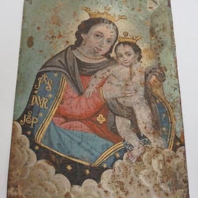 1014	ANTIQUE HAND PAINTED RETABLO ICON ON TIN, APPROXIMATELY 10 IN X 14 IN
