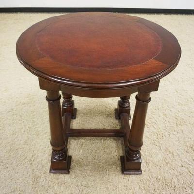 1119	SOUTH CONE SEVILLA ROUND LAMP TABLE, MAHOGANY W/INSET LEATHER TOP, APPROXIMATELY 32 IN X 30 IN HIGH
