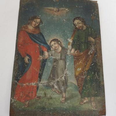 1016	ANTIQUE HAND PAINTED RETABLO ICON ON TIN, APPROXIMATELY 7 IN X 9 1/2 IN
