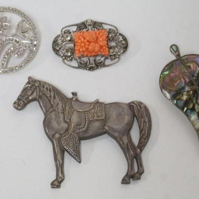 1205	4 STERLING SILVER PINS, INCLUDING ABALONE SHELL PIN MARKED BY MAKER, 1.21 OZT INCLUDING STONES
