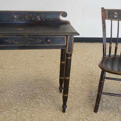 1108	ANTIQUE COTTAGE PAINT DECORATED 1 DRAWER STAND WITH MATCHING CHAIR, STAND APPROXIMATELY 16 IN X 31 IN X 32 1/2 IN H
