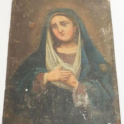 1015	ANTIQUE HAND PAINTED RETABLO ICON ON TIN, APPROXIMATELY 7 IN X 10 IN

