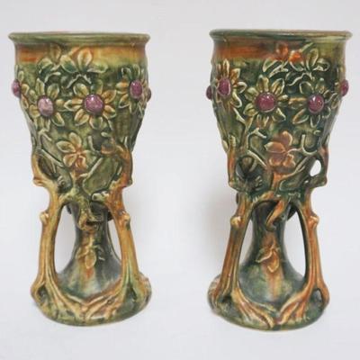 1024	PAIR OF WELLER POTTERY VASES, ONE W/SMALL RIM CHIP, EACH APPROXIMATELY 9 IN HIGH
