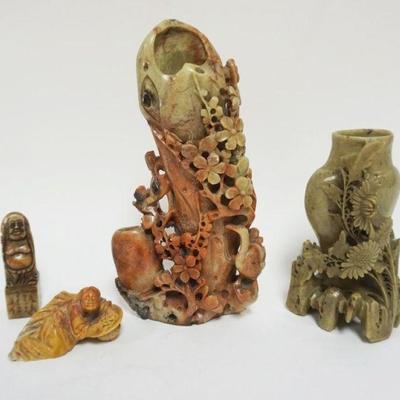 1042	GROUP OF ASSORTED SOAP STONE CARVED VASES & FIGURES, TALLEST APPROXIMATELY 11 IN HIGH
