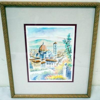 1082	ARTIST SIGNED FRAMED AND MATTED WATERCOLOR, IMAGE OF CONTINENTAL SKYLINE, APPROXIMATELY 12 IN X 14 IN OVERALL
