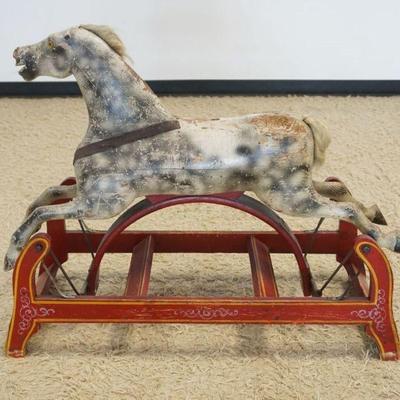1113	VICTORIAN CHILDS WOOD HORSE GLIDER, 1 GLASS EYE MISSING, APPROXIMATELY 39 IN X 15 IN X 31 IN H
