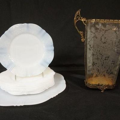 1025	FLORAL ETCHED GLASS VASE IN ORNATE METAL HOLDER, APPROXIMATELY 12 IN HIGH & 11 PIECES ELEGANT MILK GLASS CAKE SET, 10-8 IN...