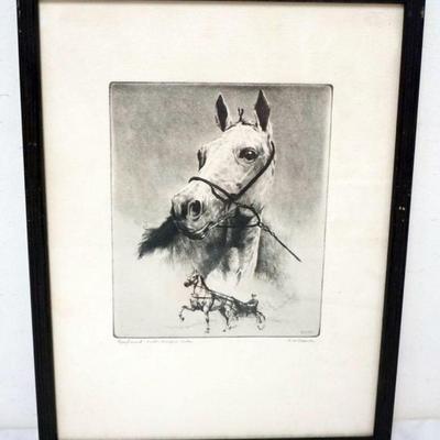 1091	R H PALENSKI FRAMED HORSE PRINT, ARTIST SIGNED *GREY HOUND THE WORLDS CHAMPION TROTTER*, APPROXIMATELY 13 IN X 17 IN OVERALL
