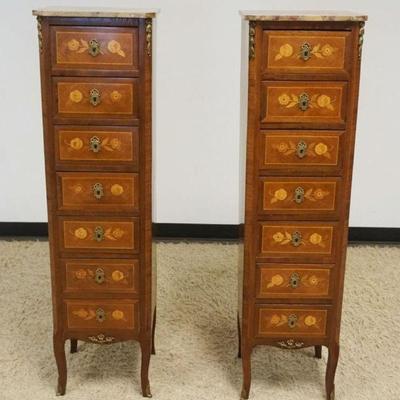 1135	PAIR OF NARROW MARBLE TOP LINGERIE CHEST WITH METAL MOUNTS AND INLAID FLORAL DRAWER FRONTS, EACH APPROXIMATELY 15 IN X 13 IN X 55 IN H
