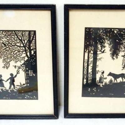 1094	PAIR OF FRAMED SHILHOUETTE CUT OUT IMAGES OF CHILDREN AND ANIMALS, EACH APPROXIMATELY 10 IN X 13 IN OVERALL
