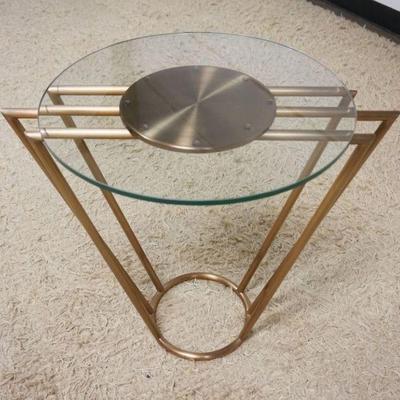 1128	MODERN STYLE GLASS TOP LAMP TABLE WITH GEOMETRIC STYLE BASE, APPROXIMATELY 24 IN X 18 IN X 22 IN H
