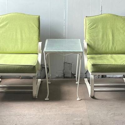 Vintage Iron Spring Patio Chairs and Glass Top Side Table 