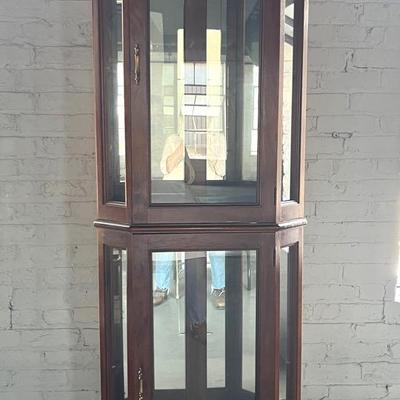 Walnut Lighted Curio Cabinet with Mirrored Back, Glass Shelves