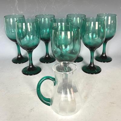 1980s Libbey Juniper Green Water Glasses (8) with Creamer