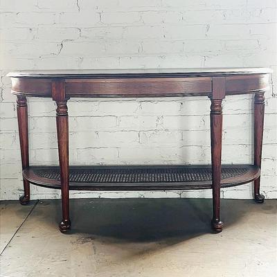 Oak and Wicker Demilune Console Table