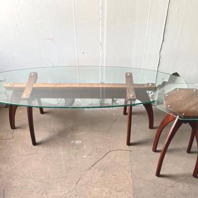 MCM Oval Glass Top Cocktail and Matching Hexagon Side Table Both with Boomerang Legs