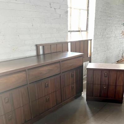 MCM Bedroom Set with Mirrored Dresser, Nightstand and Headboard 