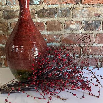 Large Decorative Pottery Vase With Faux Winterberry Vine