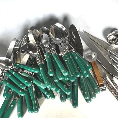 Bistro Style Flatware Set (62) with Dansk Butter Knives, Sterling Handled Cake Knife