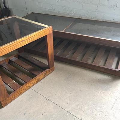 Mersman Mid-Century Slatted Wood & Smoke Glass Top Tables (2)
