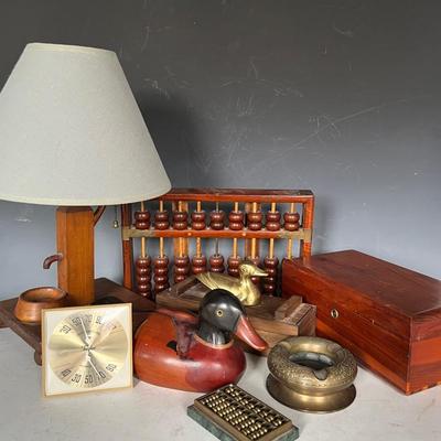Vintage Wood and Brass Collectibles (8) with Abacus, Dominos, Ducks