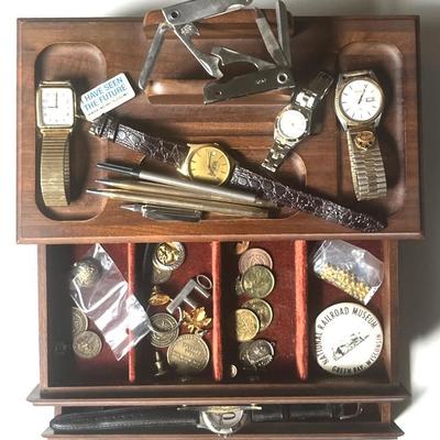 MCM Walnut Jewelry Chest with Knives, Advertising, Watches, Pens
