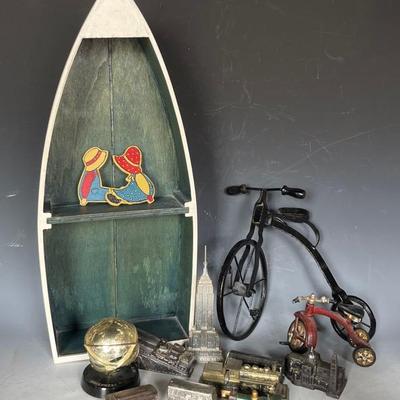 Vintage Souvenir Architecture Models with Bike Models and Rowboat 