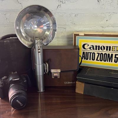 Cameras Old & New With Canon Super 8, Kodak, EOS Rebel, Flash Lamp & More