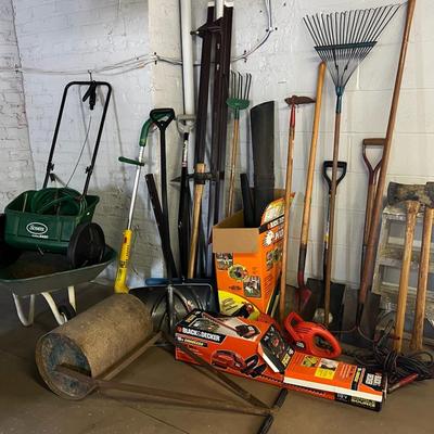 Outdoor Garden/Landscape Tools With Lawn Roller, Rakes, Shovels, Wheelbarrow & More