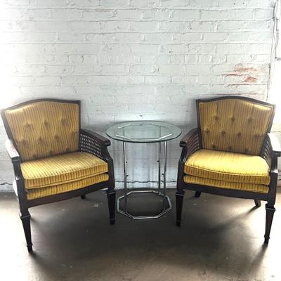 Pair of 60s Wicker And Mahogany Armchairs with Chrome and Glass Side Table