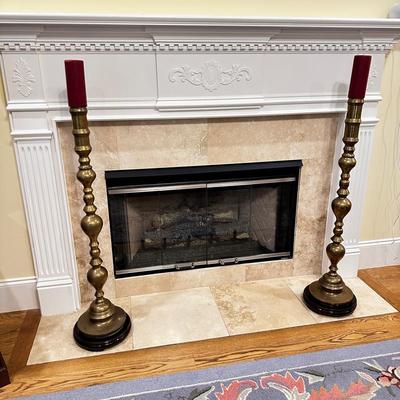 2 Large Etched Brass Candle Holders With Wooden Base Stands