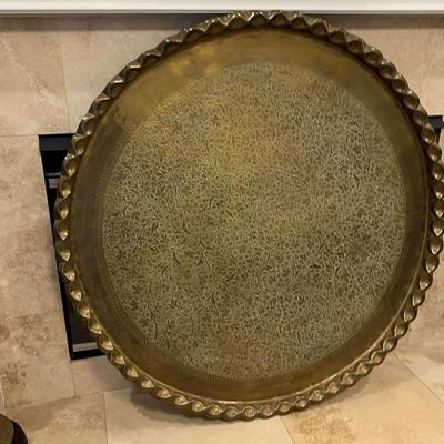 40“ Round Etched Brass Tray With Wall Hanger 