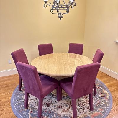 Hollywood Regency Post Modern Round Pedestal Marble Dining Table And Six Chairs 