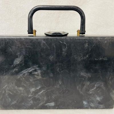Vintage Black Marbled Lucite Handbag / Travel Case
