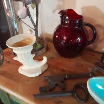 California pottery urn, antique keys