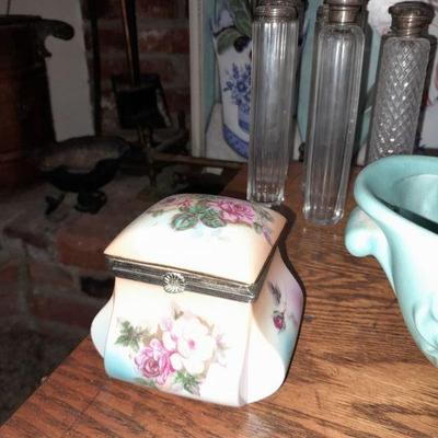 Porcelain box and  set of tall sterling silver cap vanity jars