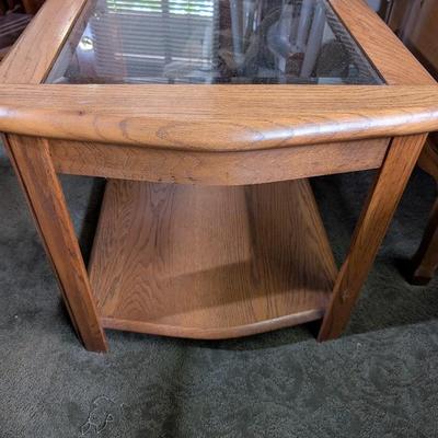 Oak End Table With Glass Top 