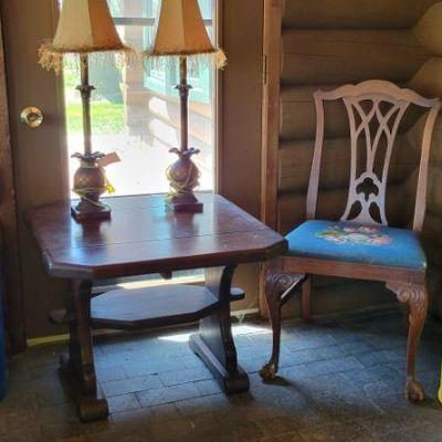 Milk Can, Table and Needlepoint Chair