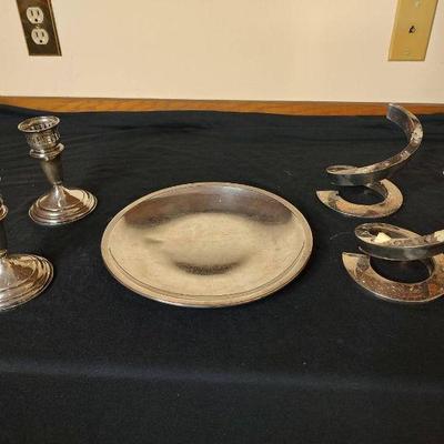 Silver candle holders with plate