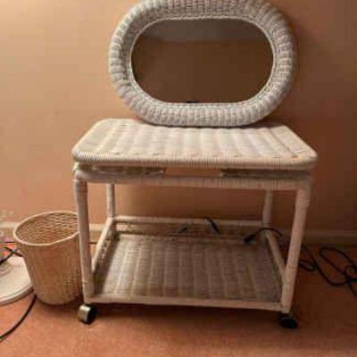 Wicker stand mirror, trash can