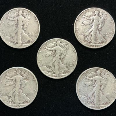 Five Walking Liberty Silver Half-Dollars (C22)