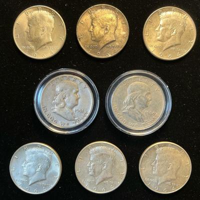 Eight 90% Silver Half-Dollars (6 Kennedy, 2 Franklin) (C18)